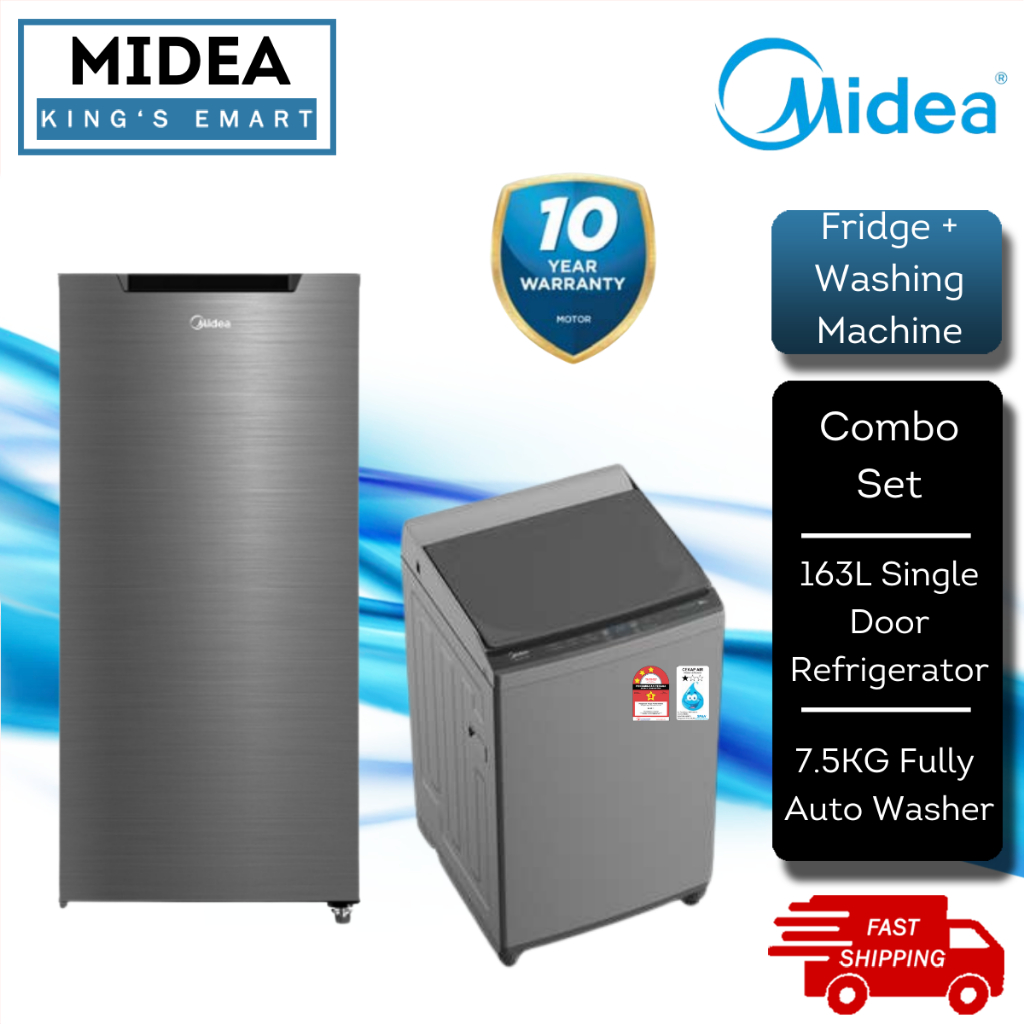 【COMBO SET】Midea 1 Door Fridge Refrigerator (163L) MDRD229FGD42-MY & Fully Auto Washing Machine (7.5kg) MFW-EC750