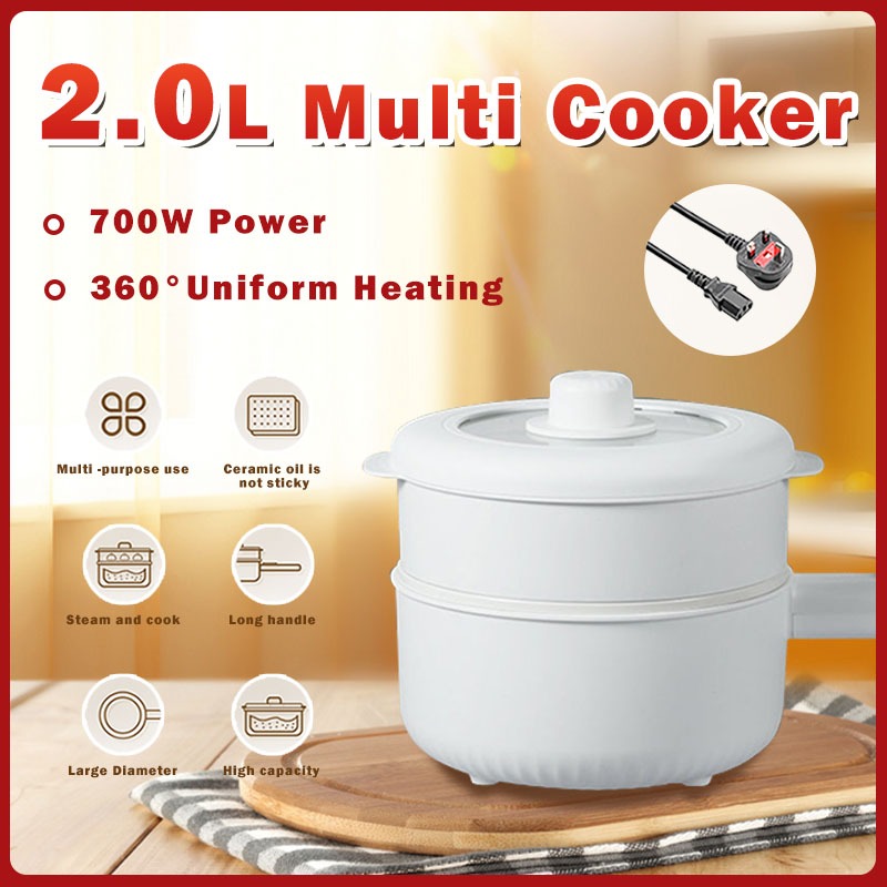 Multifunctional Electric Cooker Cooking Pot Non Stick 2.0L Pan with Steamer Hotpot for Students Dormitory Small Hot Pot