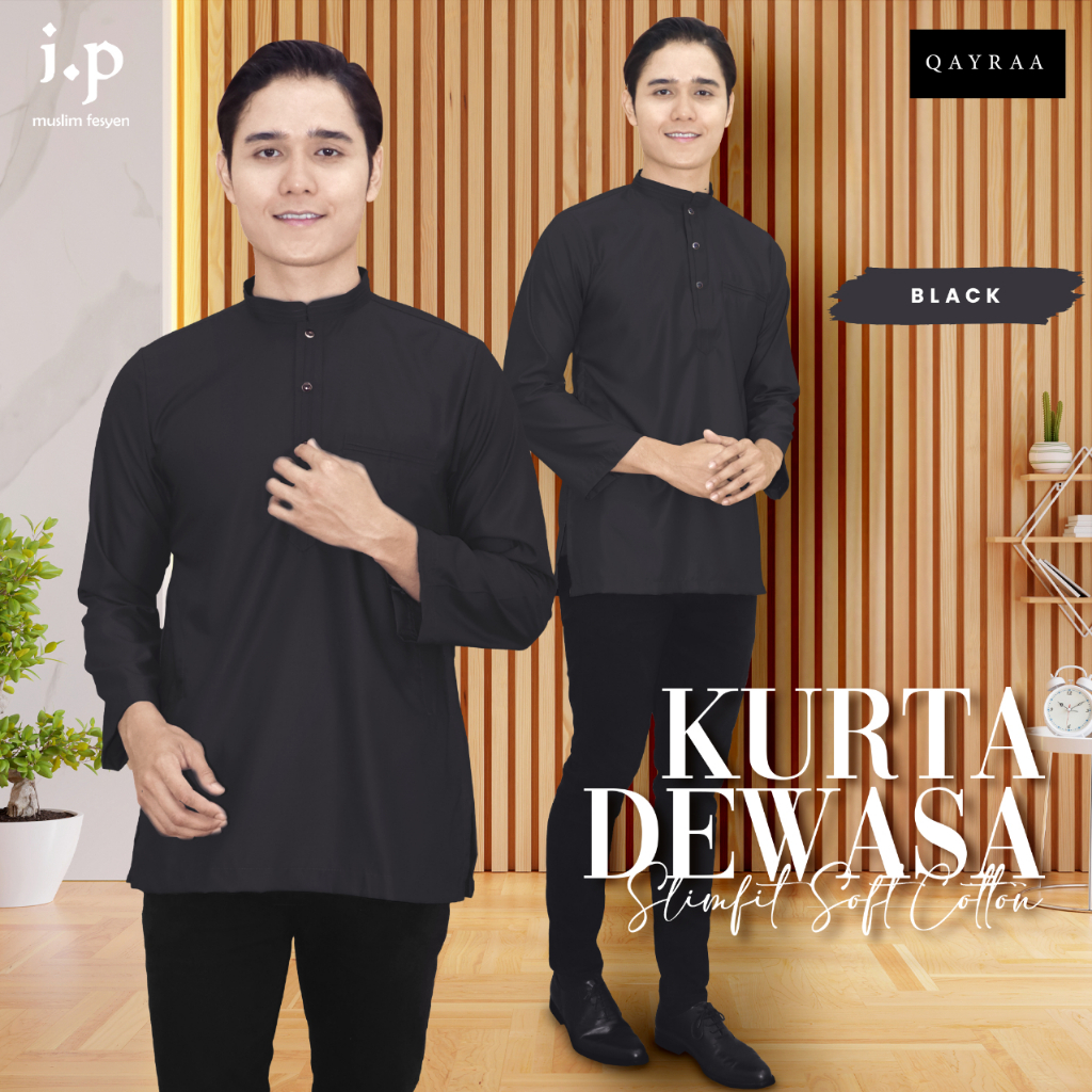 ✨ BLACK BAJU KURTA DEWASA LONG SLEEVE/ KURTA SLIM FIT SOFT COTTON DAN BERKOLAR (S - 2XL )