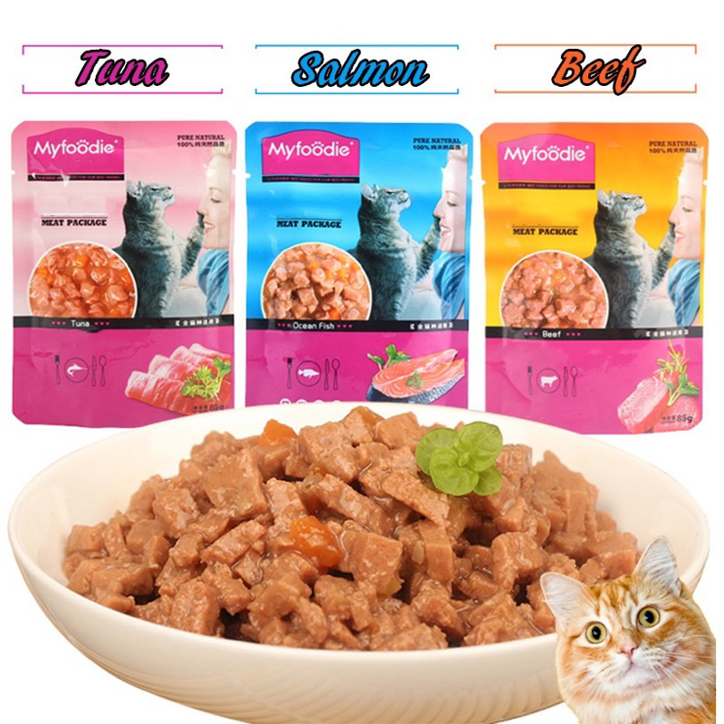 Myfoodie cat pouch 85g Beef ,Tuna,Salmon,Mackerel, Mackerel and salmon,Chicken tuna,Grilled saba, Mackerel junior