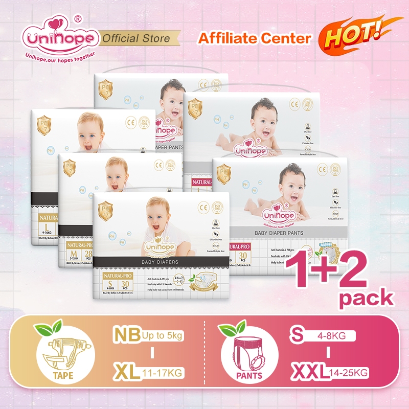 Unihope Natural Pro Baby Diapers Pants & Tape Ultra Thin Skin Friendly - S/M/L/XL/XXL