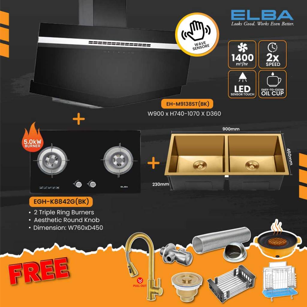 ELBA KITCHEN DESIGNER HOOD EH-M9138ST(BK) BUILT IN GAS STOVE GAS HOB EGH-K8842G(BK) KITCHEN SINK COMBO