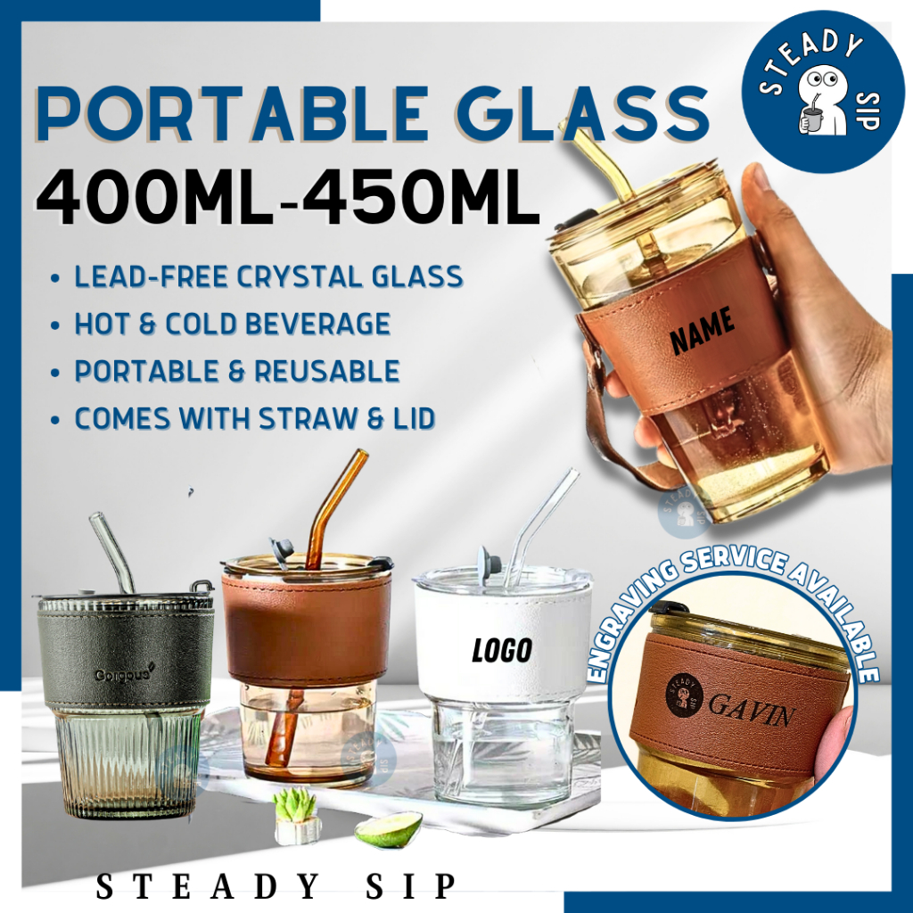 Steady Sip Coffee Glass Mug Portable Glass Cup With Lid and Straw Coffee Cup 玻璃杯 Gelas Kaca doorgift