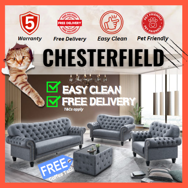 CHESTERFIELD FREE COFFEE TABLE Anti Scratch Sofa Easy Clean Sofa Sofa Murah Sofa Ruang Tamu Grand Sofa 3+2+1 Seater sofa