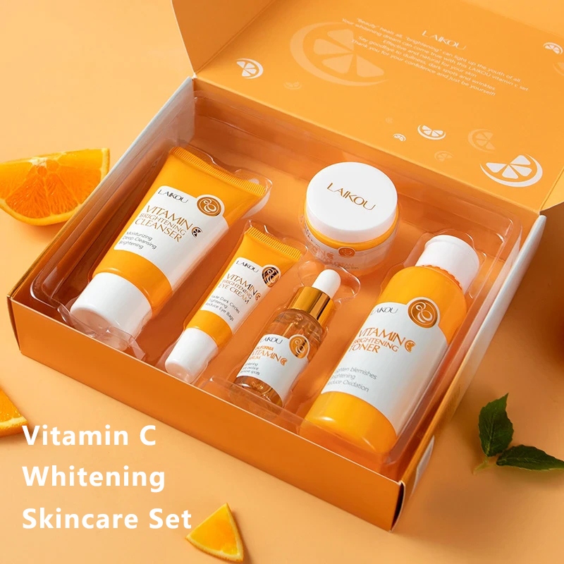 Laikou 5Pcs VC Skin Care Set Oil Control Facial Cleanser Nourishing Face Serum Face Cream Fade Dark Circles Eye Cream