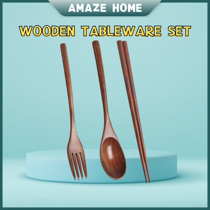 AMAZEHOME Wooden Spoon Fork Chopsticks Cutlery Set Tableware Set Sudu Kayu Chopstick Kayu Sudu Garfu Set 餐具套装