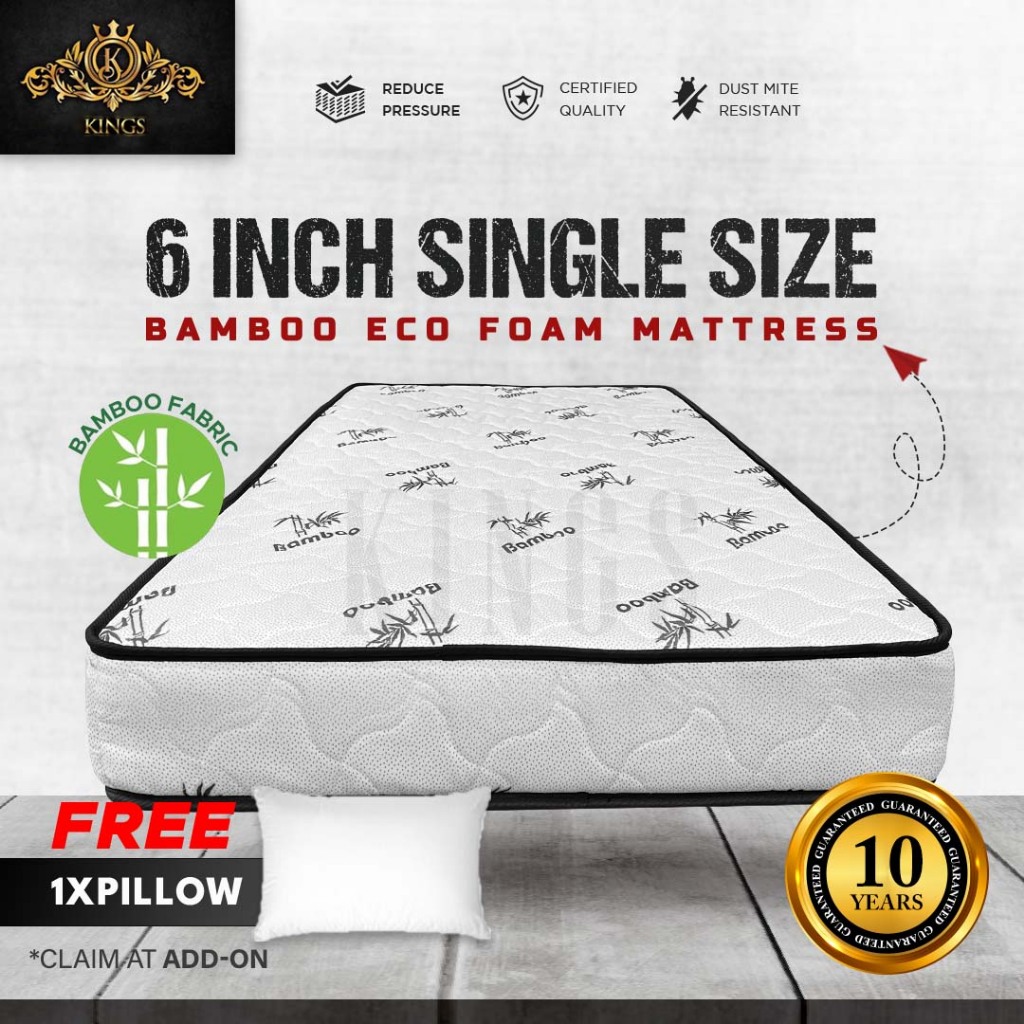 (Ready Stock Free Delivery)KH Tilam 6 inci Single Mattress Eco Foam Bamboo Mattress [Free Pillow]