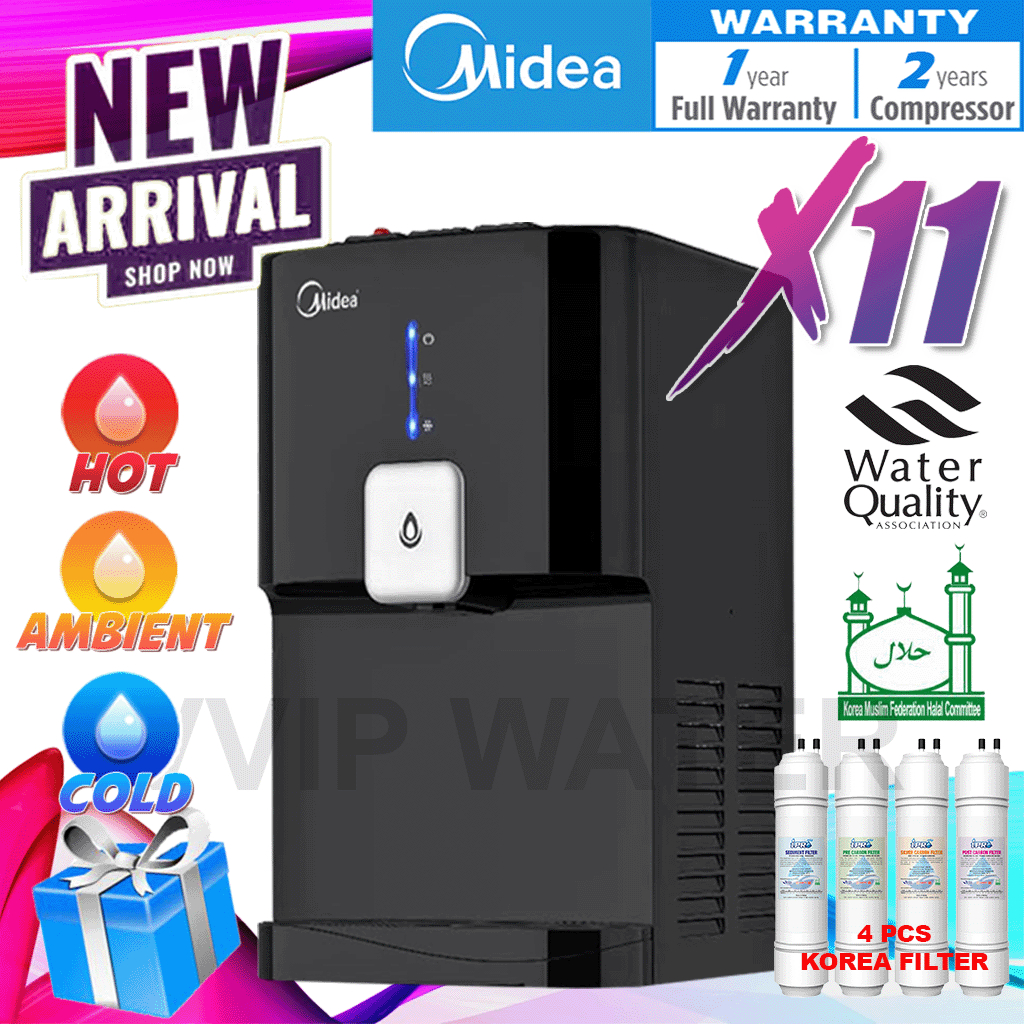 Penapis Air Midea Mild Alkaline Water Dispenser Hot Normal Cold Model: 1635 or 1662-X11 With 4 Korea Halal Water Filter