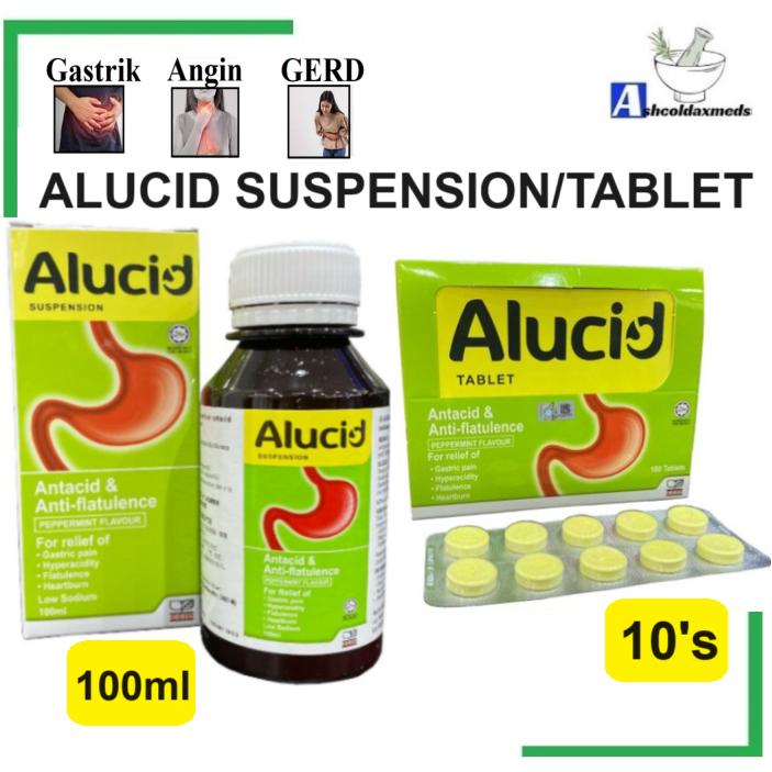 Alucid 10's or Alucid Suspension 100ml EXP11/2026 (Ubat Kunyah Gas Angin Perut Kembung Sakit Gastrik)