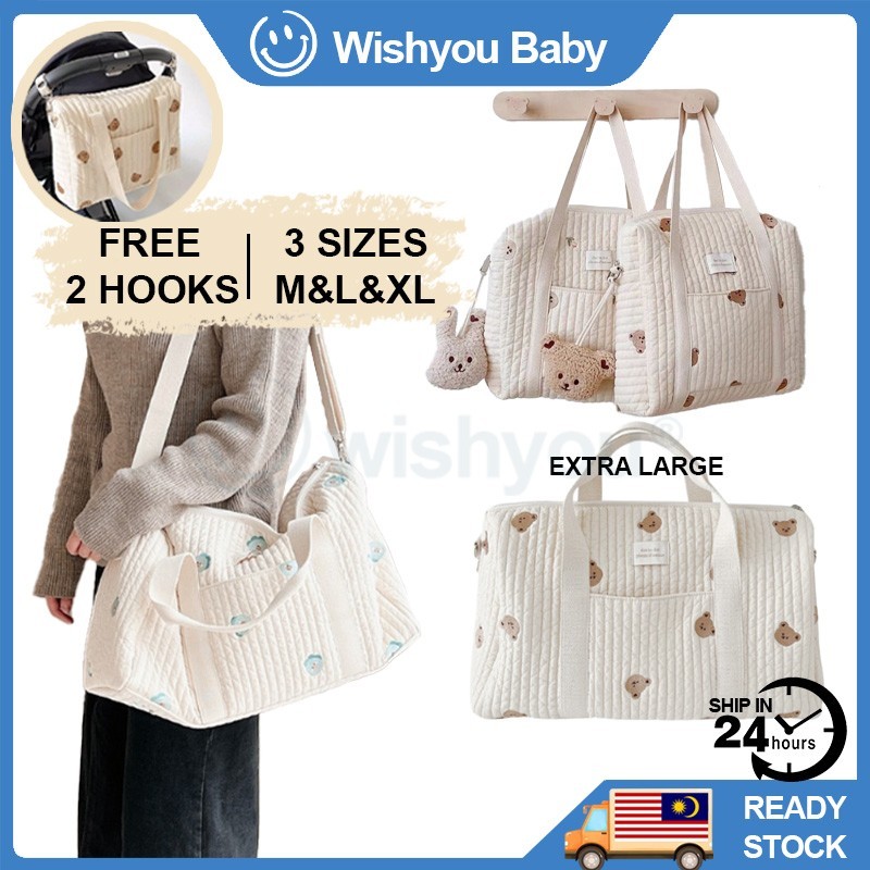 【24H】Korean Shoulder Bag Cotton Mummy Bag Baby Diaper Bag Waterproof Stroller Bag Large Capacity Travel Bag Embroider