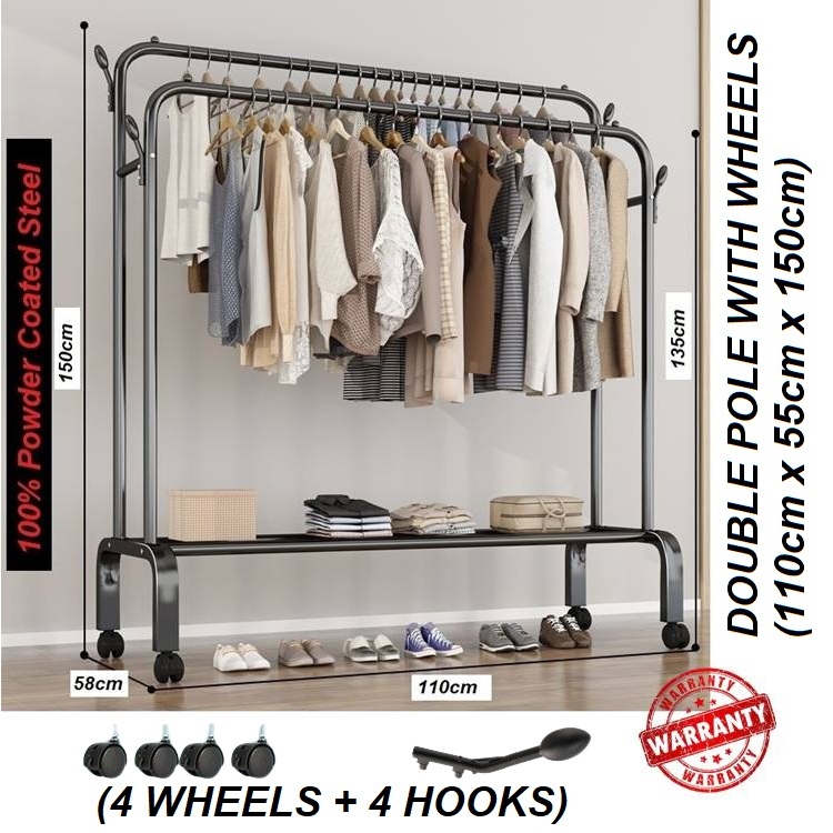 ASOTV® Double Pole Clothes Rack Rak Baju Besi Steel Cloth Stand Penggantung Baju 0015 Drying Rack Ampaian Baju 衣架