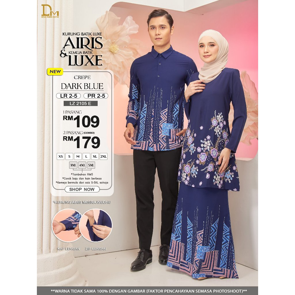 COUPLE SET BATIKR2-5 CREPE (DARK BLUE) KURUNG BATIK AIRIS & KEMEJA BATIK LUXE DESA MURNI