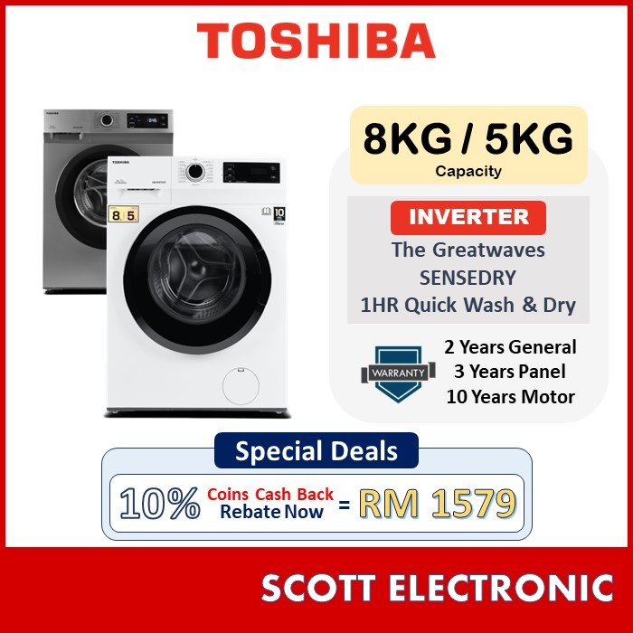 [Delivery Seller Kedah& Penang] Toshiba 2 In 1 Washer Dryer  8KG / 5KG Inverter Front Load Washer Dryer TWD-BK90S2M