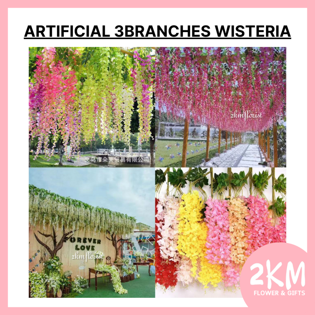 (1 Stalk) 3 BRANCHES WISTERIA Artificial Flowers Leaves Hanging Flowers Wedding Deco Home Decor Garden Outdoor Wall Daun