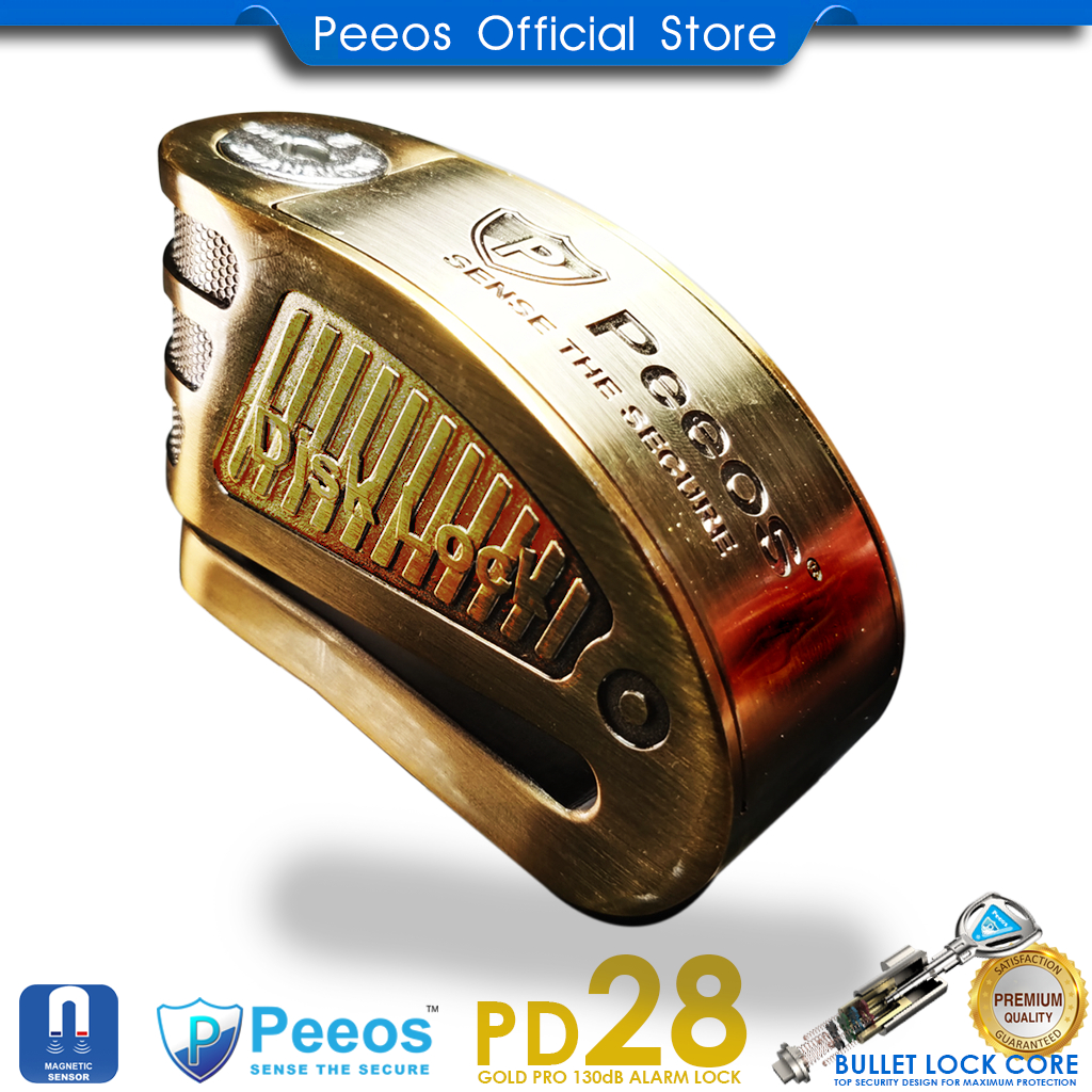 Peeos PD28 Gold Pro Alarm Disk Lock Secure Motorcycle Disc Ultimate Protection Loudest Siren Highly Anti-Theft 摩托防盗锁