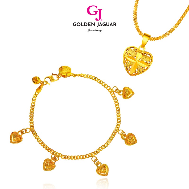 GJ Jewellery Emas Bangkok Emas Korea 24k Gold Plated Necklace Bulu Flower Heart Pendant + Bracelet Papan Love 3D