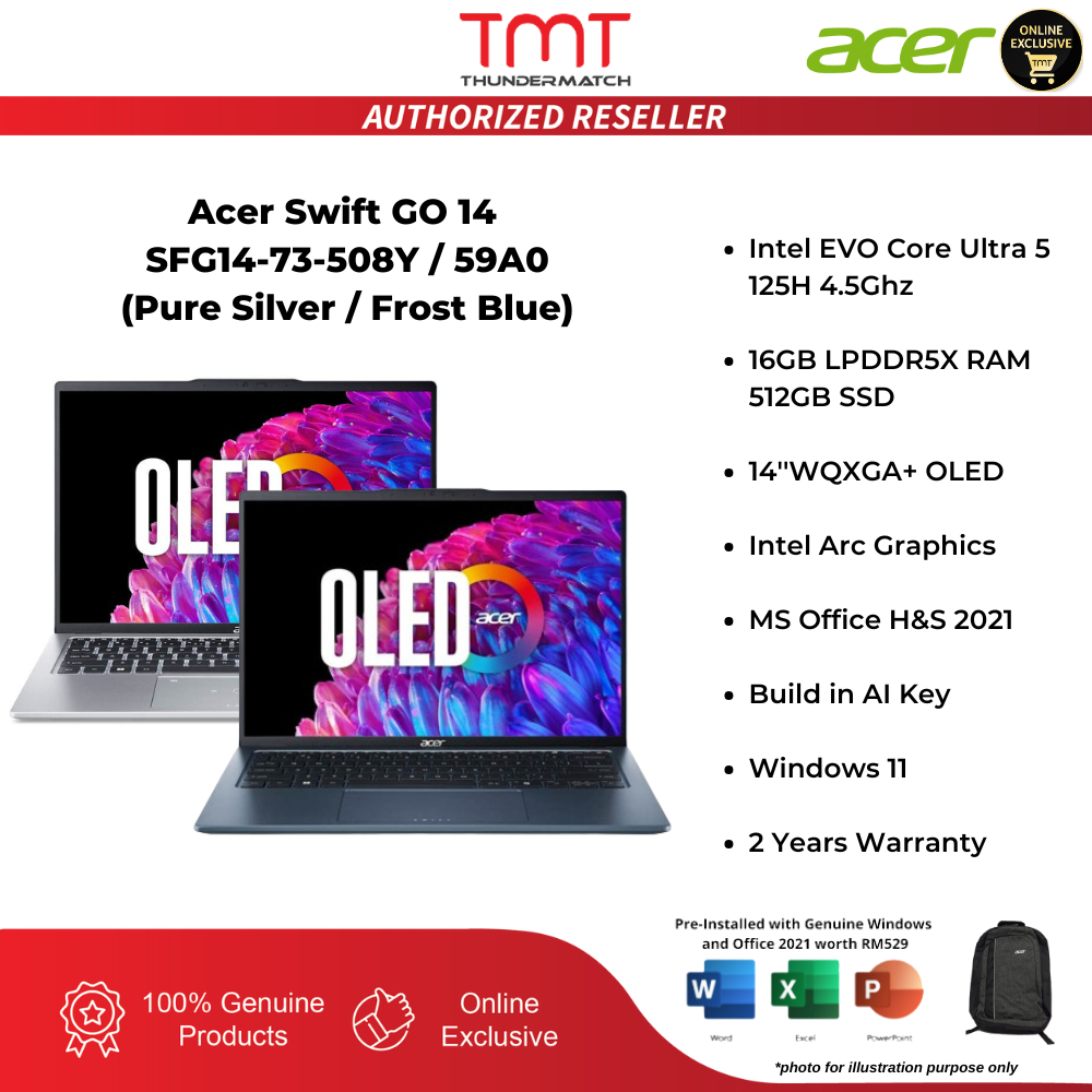 Acer Swift GO 14 SFG14-73-508Y/59A0 AI Laptop | Intel EVO Core Ultra 5-125H | 16GB RAM | 512GB SSD |