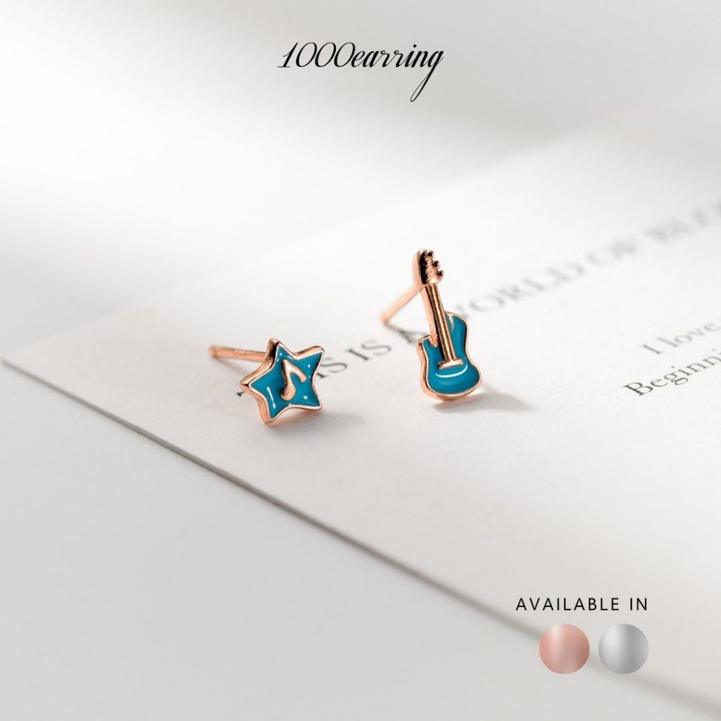 1000earring 925 Sterling Silver Musical Star and Guitar Stud Earrings - Silver/Rose gold