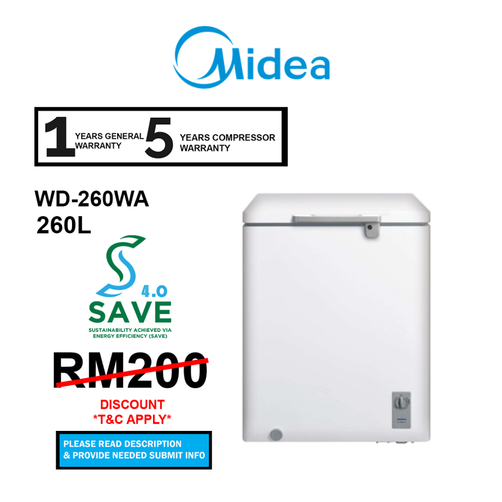 (SAVE 4.0) Midea 260L Chest Freezer WD-260WA with Key Lock & Roller design WD260 R600a