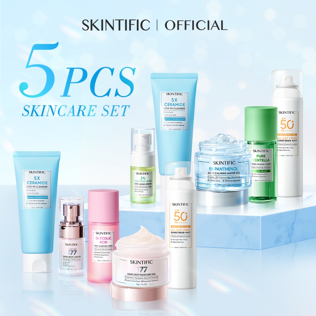 SKINTIFIC 5Pcs Skincare Set With Sunscreen Low pH Cleanser + Moisture Gel + Dark Spot Serum Sunscreen Exfoliating Toner