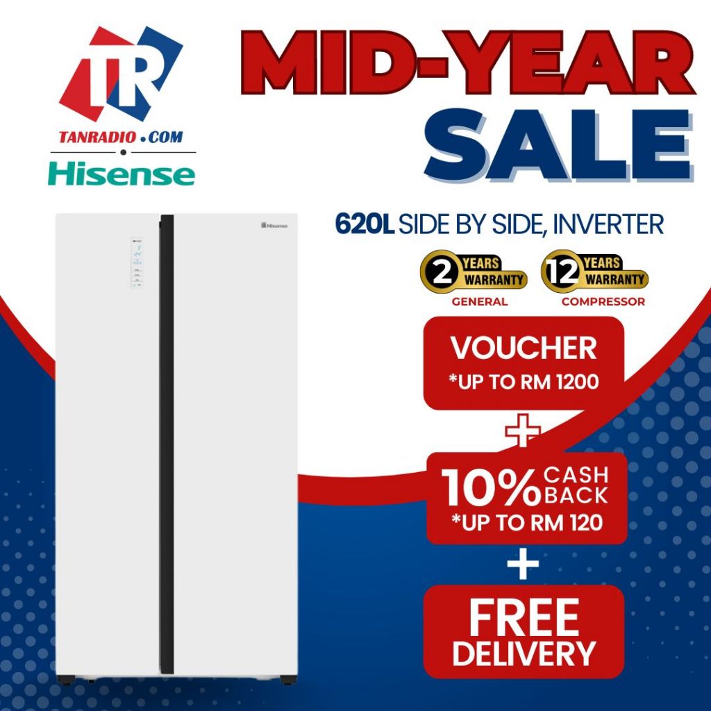 【Mid Year Sale + Free shipping】Hisense Side By Side Inverter Refrigerator - White (620L) RS688N4AWU