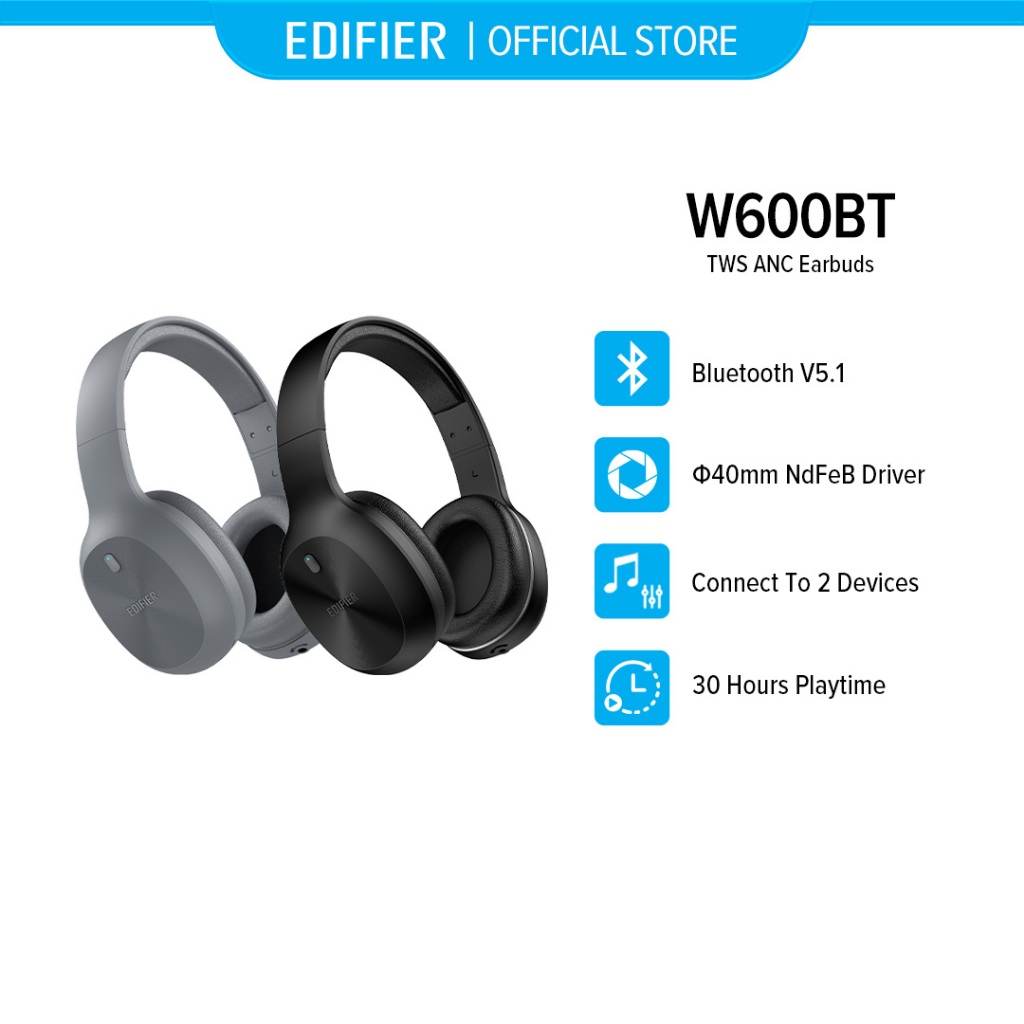 Edifier W600BT Headphone - Bluetooth V5.1 | Connect 2 Devices | Built in Mic | Wired or Wireless | 30 hours Playtime