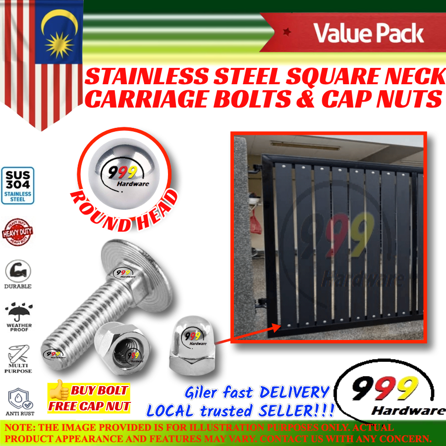 999【5pc】m8/m6 SUS304 Carriage Bolt & Cap Nut/ Stainless Steel Screw Aluminium Gate Panel/ 马车螺丝/ Skru Pagar/ Bolt Nut Set