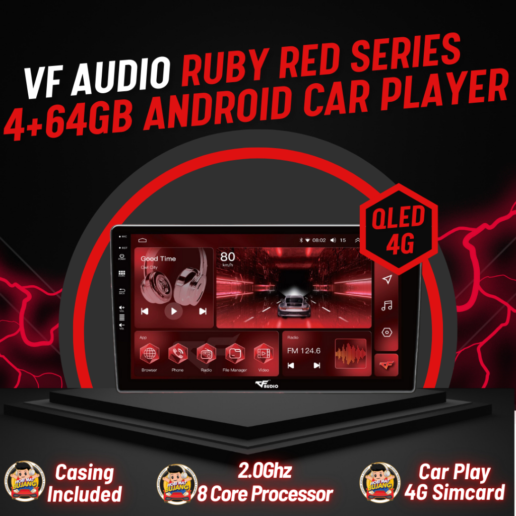 VF Audio Ruby Red Series Android Player QLED 2+32GB Android 11 Octa Core DSP 4G GPS Universal Car Android Player