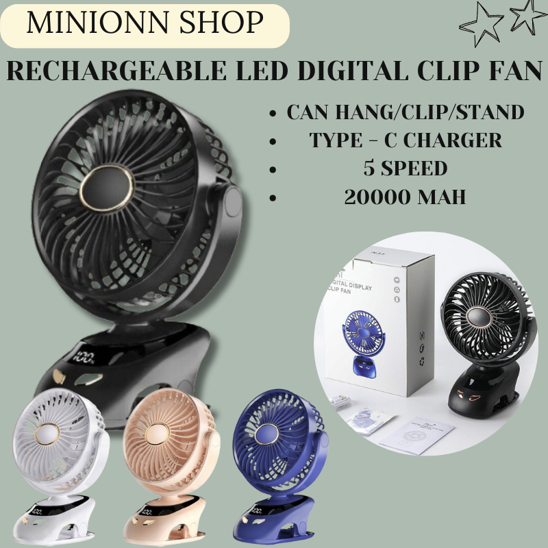 24000mAh boleh dicas semula Mini Kipas Klip Kipas Dengan LED Digital Hanging Kipas Meja Kipas 5 Kelajuan Angin