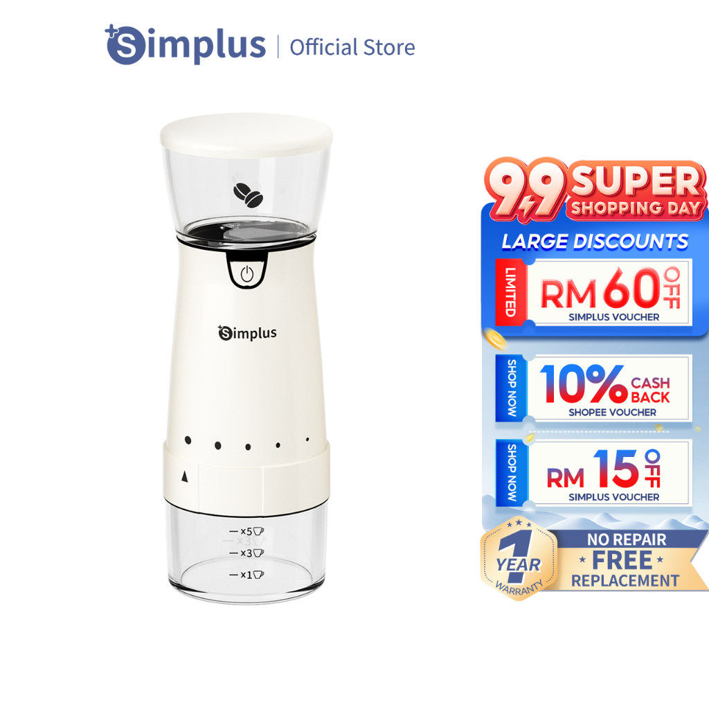 Simplus Electric Coffee Bean Grinder 5 Tiers Grinding Ceramic Grind Core Washable Type-C Charging Pengisar Kacang Kopi