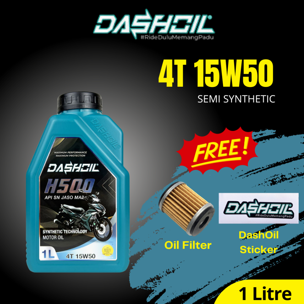 (Free Oil Filter) DashOil H500 4T 15w50 1L Semi Synthetic SN Motorcycle Engine Oil Minyak Hitam Pelincir Motor LC135 Y15