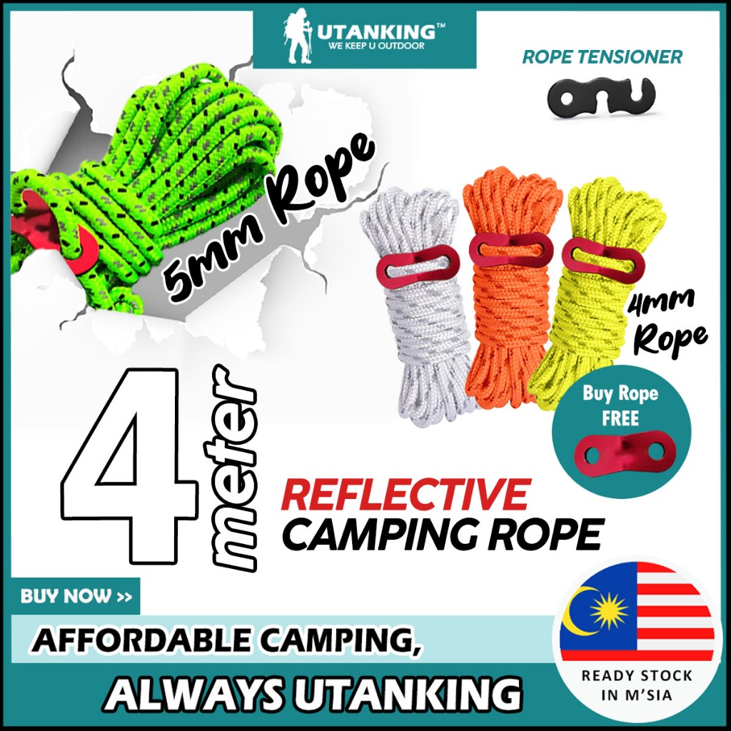 UtanKing™ 4 Meter Reflective Camping Rope Tent Ropes Flysheet Tensioner Paracord Guyline Tali Khemah