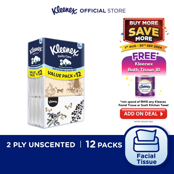 Kleenex Facial Tissue Vintage Softpack 2ply (50s x 12 Packs) Daily Care - Soft & Gentle Tissue Paper