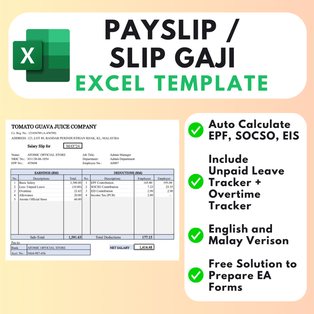 ?INSTANT? Payslip Template + Overtime + Unpaid Leave Tracker Excel Template Auto Calculation EPF SOCSO | Slip Gaji Excel