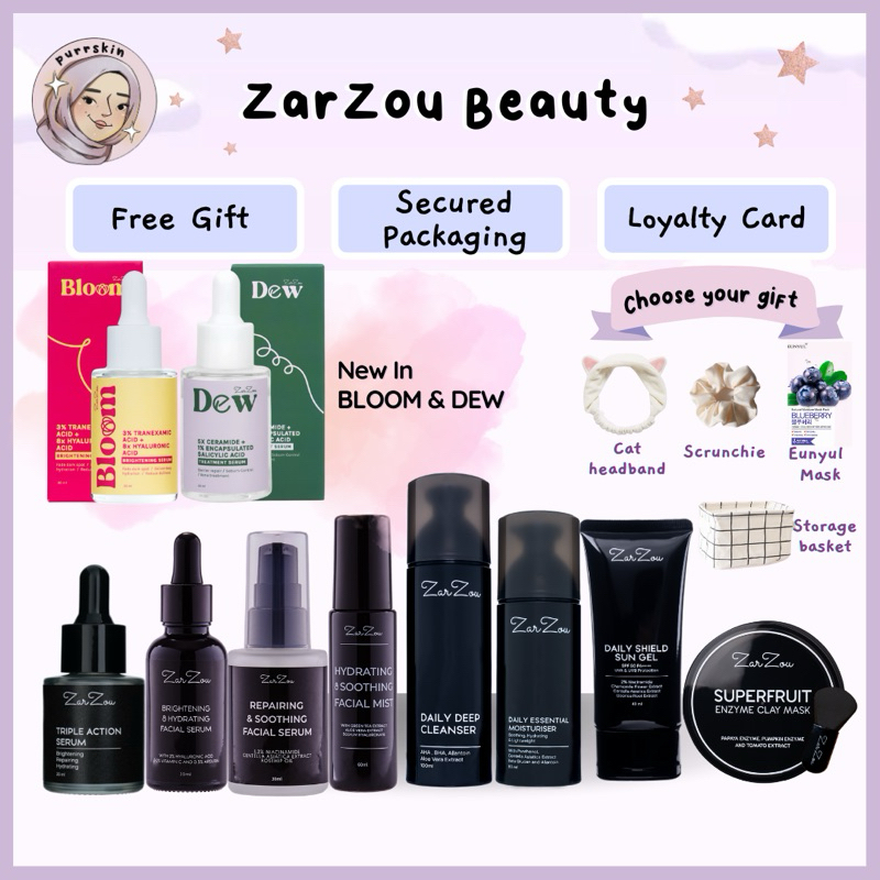 Zarzou Brightening Hydrating Serum BHS Repairing Soothing Serum RSS Hydrating Mist HSM Deep Cleanser DDC Moisturizer DEM