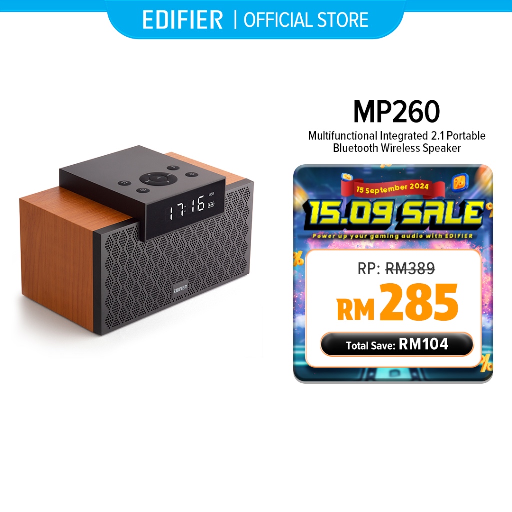 Edifier MP260 Portable Speaker - Bluetooth V5.0 | Built-in Clock | Alarm Function | Wooden Enclosure | 2.1 Channel