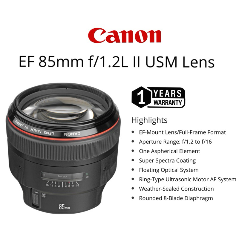 CANON EF 85MM F/1.2L II USM LENS MARK II ULTRASONIC LENS FULL FRAME FORMAT (1 YEARS WARRANTY) CANON DSLR LENS EF RF RF50