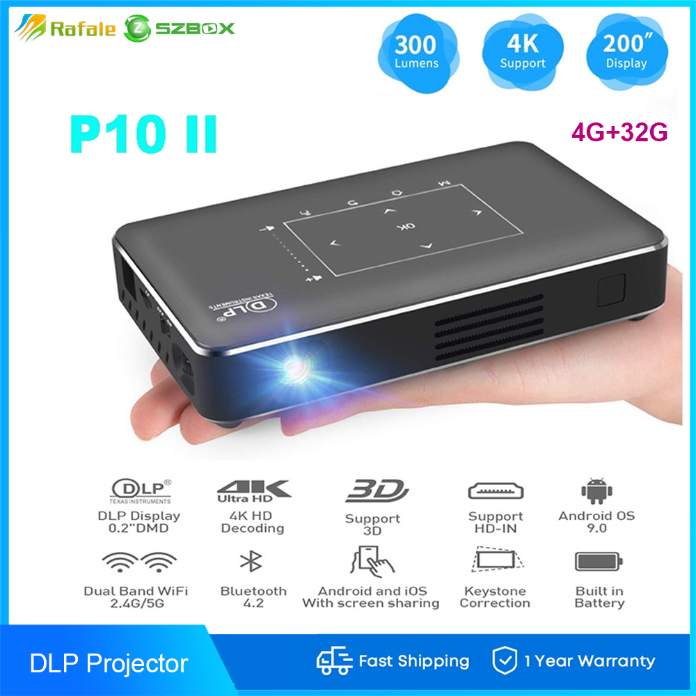 P10 II Smart Android 9.0 DLP 3D Projector WiFi BT4.0 Portable Movie Home Cinema Support 4K Airplay