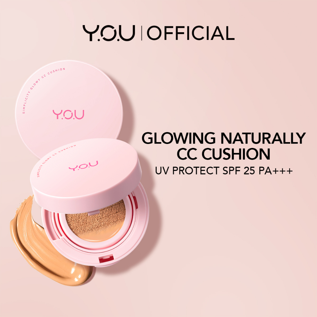 YOU Simplicity Glowy CC Cushion SPF25 PA+++ Peach Blossom Extract Medium Coverage Smooth Finish Even Out Skin Tone (15g)