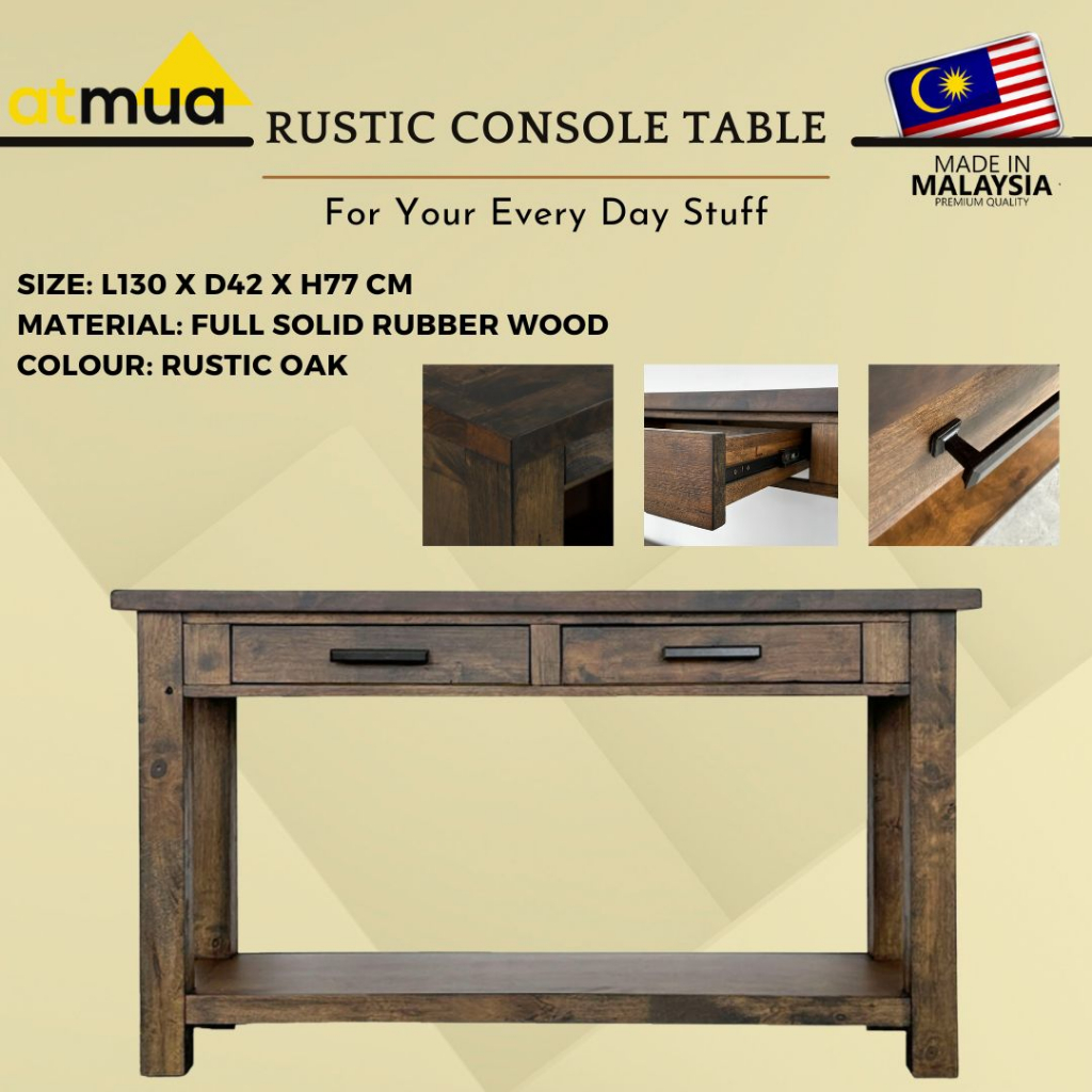 Atmua Furniture Rustic Console Table Full Solid Rubber Wood Living Room