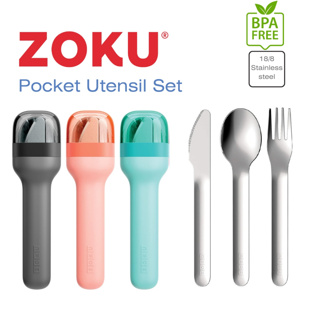 Zoku Premium Stainless Steel Pocket Utensil Set Fork Knife Spoon Travel Cutlery Kids Bento Tableware Utensil Sudu besi