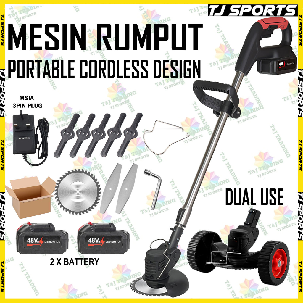 Powerful 48V Electric Grass Cutter Machine Lawn Mower with Wheel Cordless High Quality Mesin Potong Rumput Dua Bateri