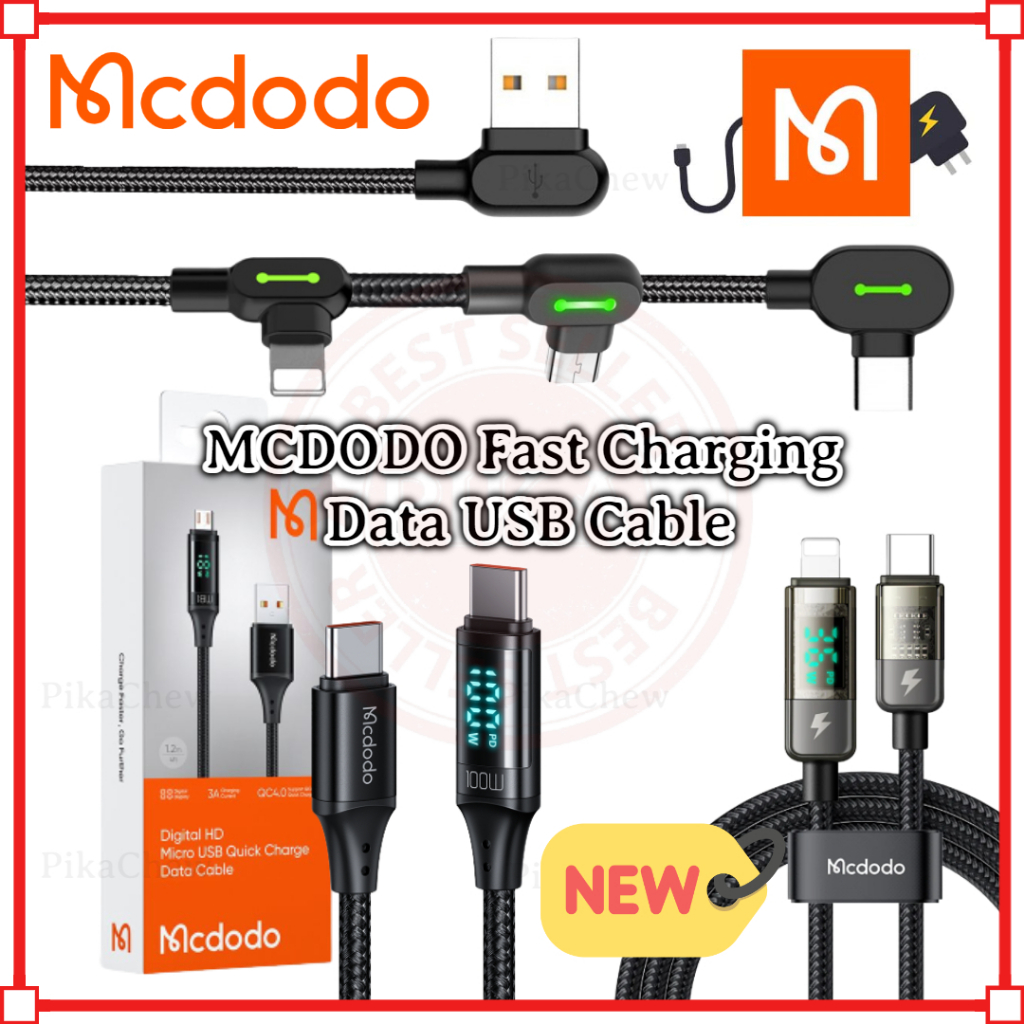 (1 Year Warranty ) MCDODO 90 Degree Fast Charging Data USB Cable For IP / Type C / Micro Android Cable USB Charger