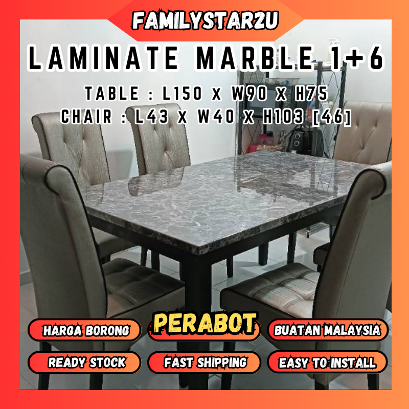 familystar2u  Laminate Marble Top Dining Table with 6 Parson Chair 1+6 / Marble Kerusi Makan dan Meja Makan Set 1+6