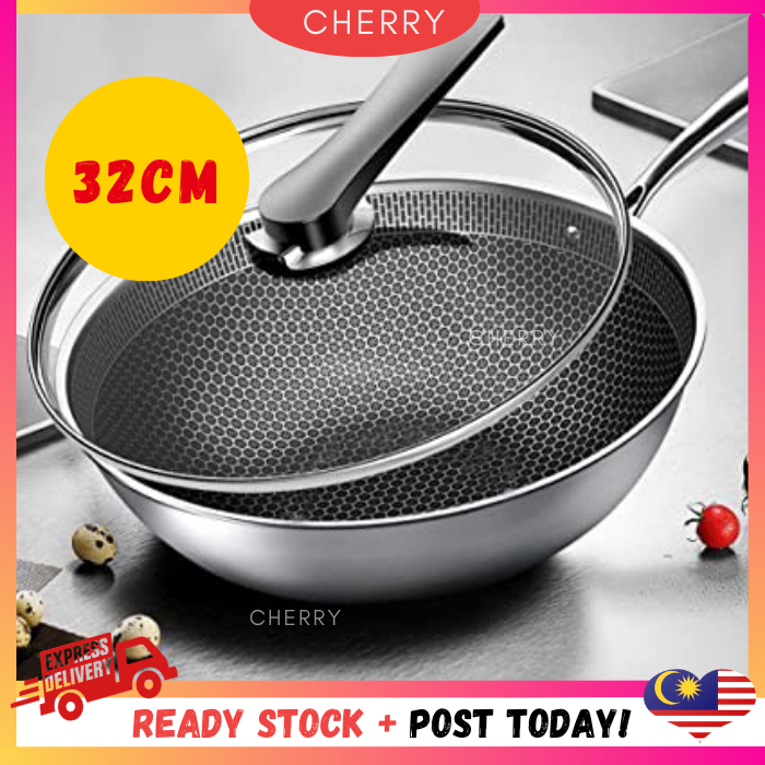 CHERRY Honeycomb Stainless Steel 304 Nonstick Frypot Cooking Frying Pan Kuali Wok Cookware Masak