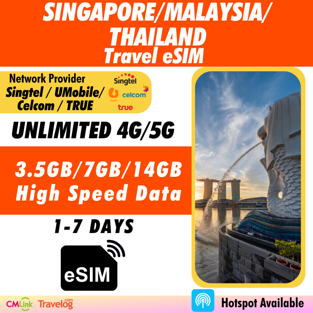 [Singapore, Malaysia, Thailand eSIM] [1-7 Days] High Speed Unlimited Data 4G Travel Prepaid eSIM Roaming Data