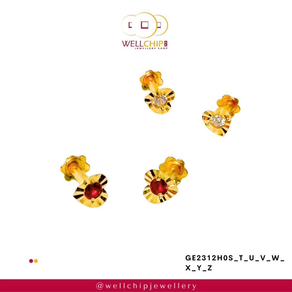 Subang Emas 916 Original | Anting Emas 916 | Heart Shaped 916 Gold Stud Earrings | Emas 916 | Kedai Emas WELL CHIP