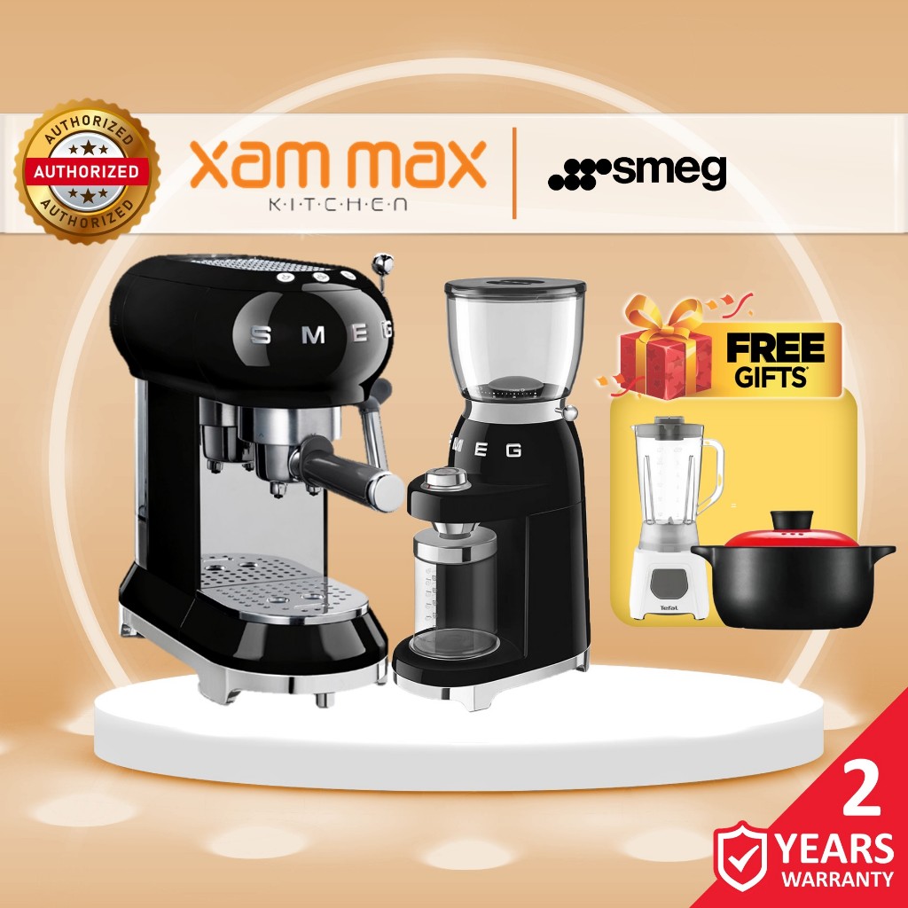 Smeg - Black Series - ECF01BL Espresso Coffee Machine & CGF01BL Coffee Grinder - Coffee Brew Breakfast Hot Drinks