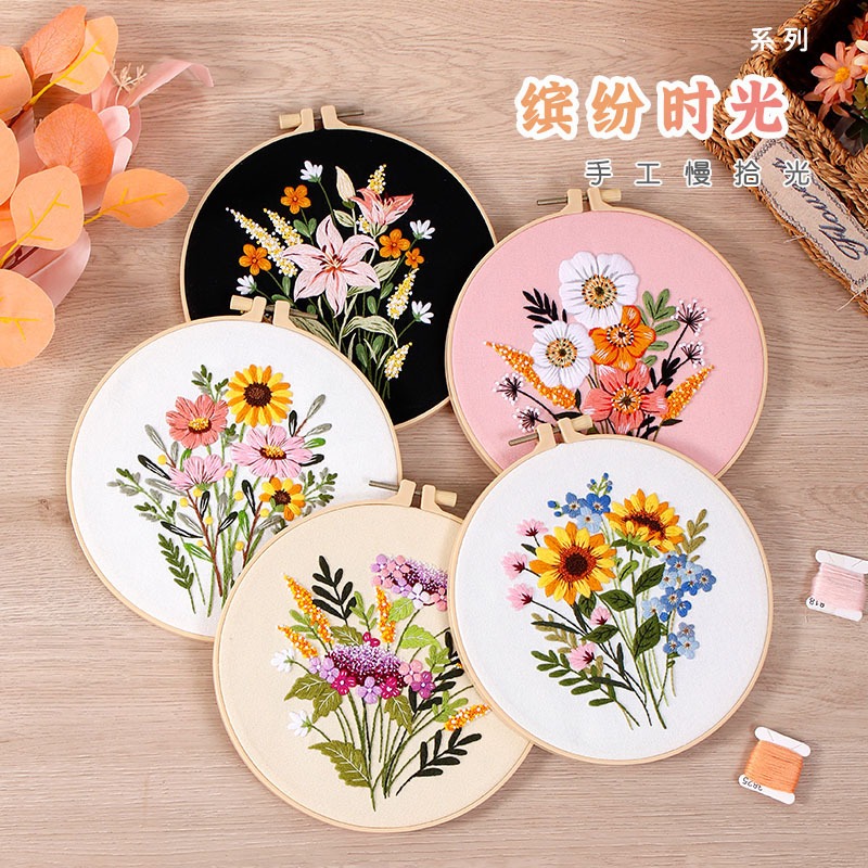 Embroidery Kit Floral Series Canvas Bag Embroidery Set Needlework Crotchet DIY Kit Embroidery Beginner Set 刺绣材料包手工刺绣花花图案