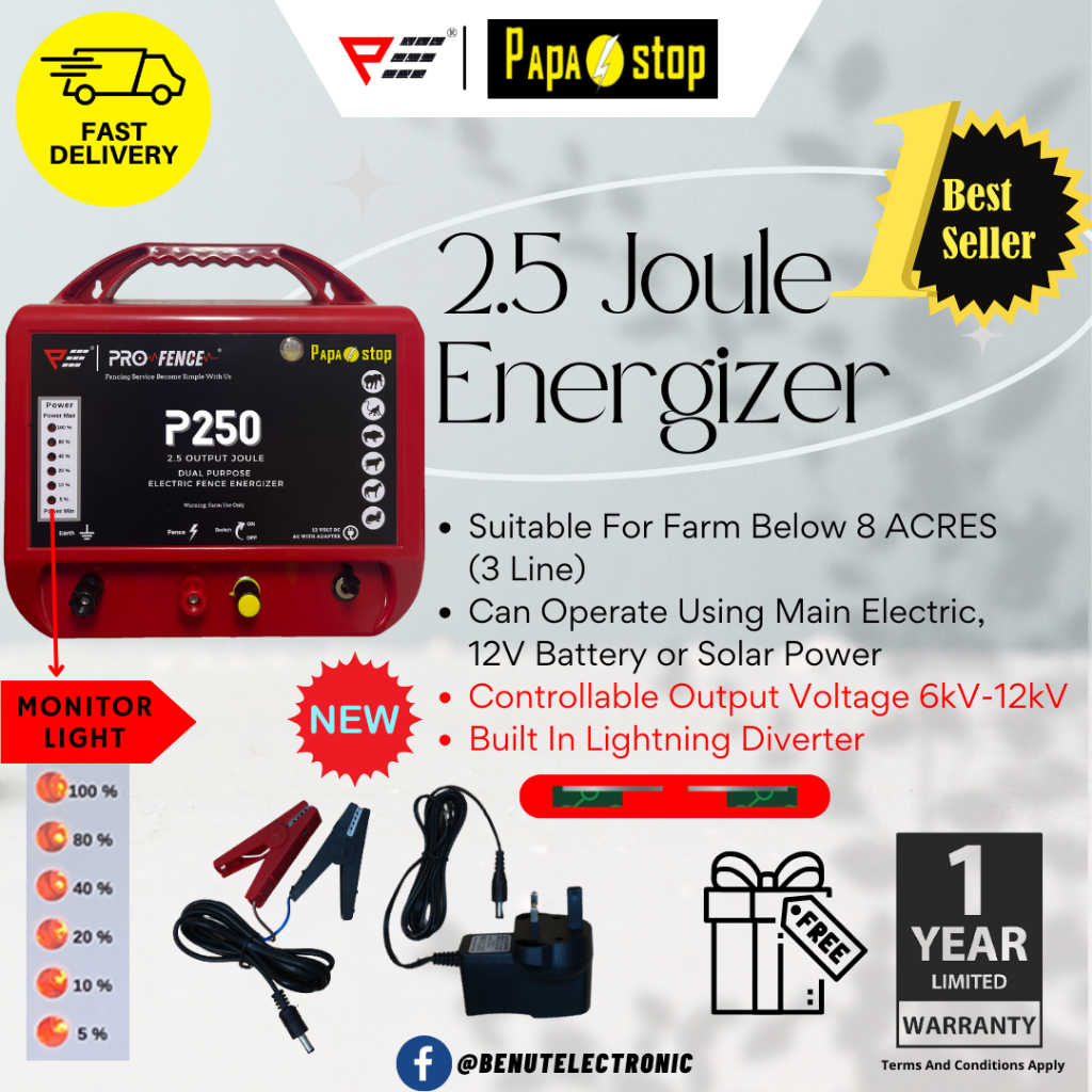 PapaStop Energizer P250 (2.5 Joule Power) Electric Fence Pagar Elektrik Pagar Kebun Solar Mengawal Babi Hutan Monyet